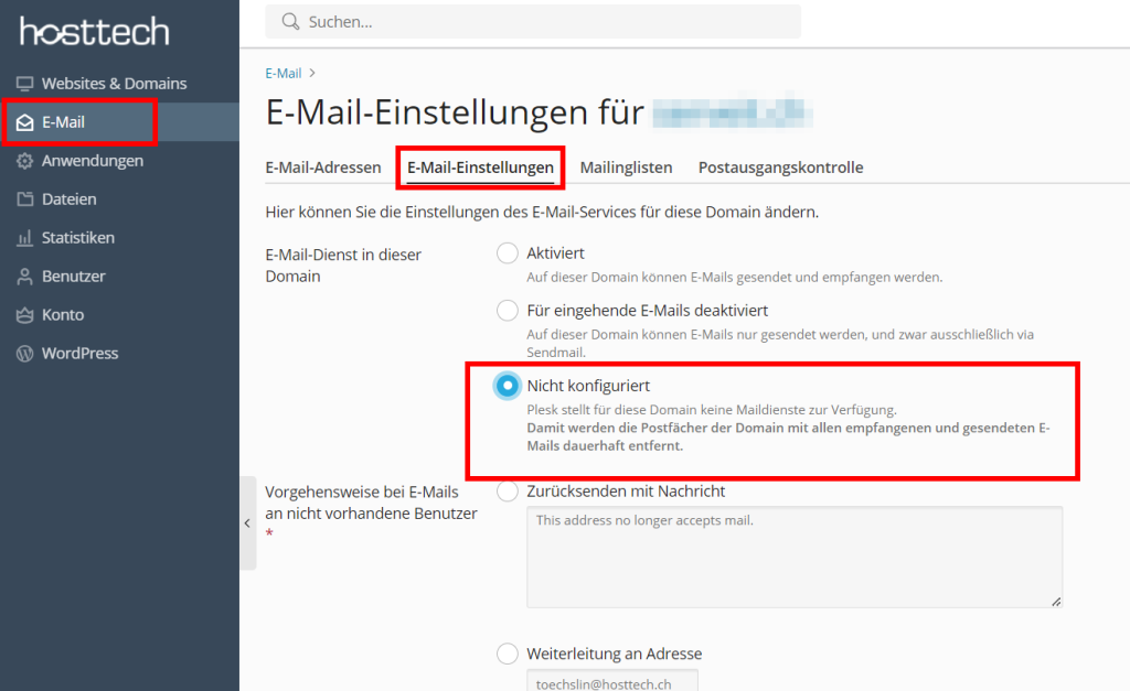 Deactivate the Plesk e-mail function.
Go to E-Mail, switch to E-Mail settings and set not configured and save the settings. 