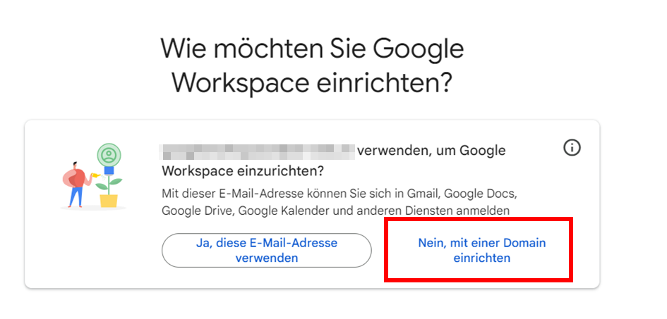 Set up Google Workspace: Select No with a domain setup.